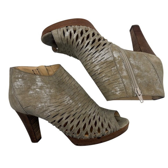 Paul Green Taupe Peep-Toe leather Ankle Boots cutout size 7 stacked wooden heel - Picture 2 of 10